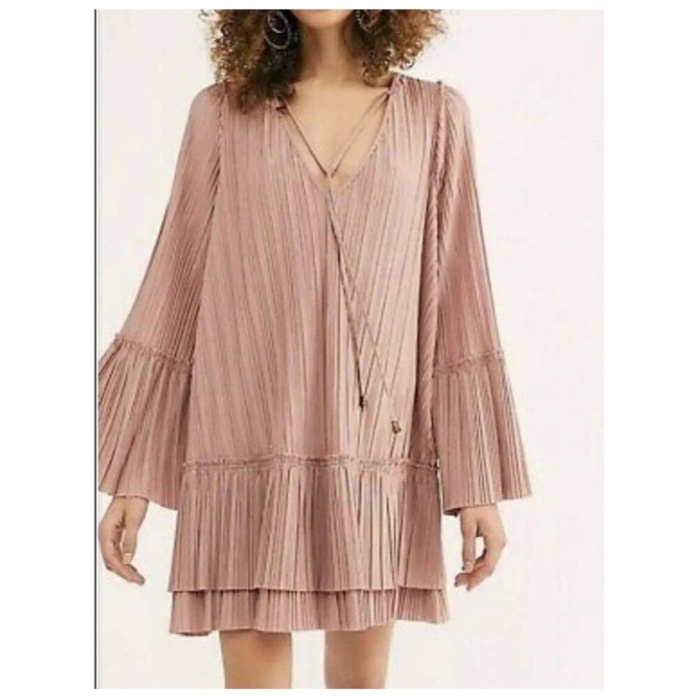 Free People "Cant Help It" Womens S Pullover Mini Dress -dusty pink Boho pleated